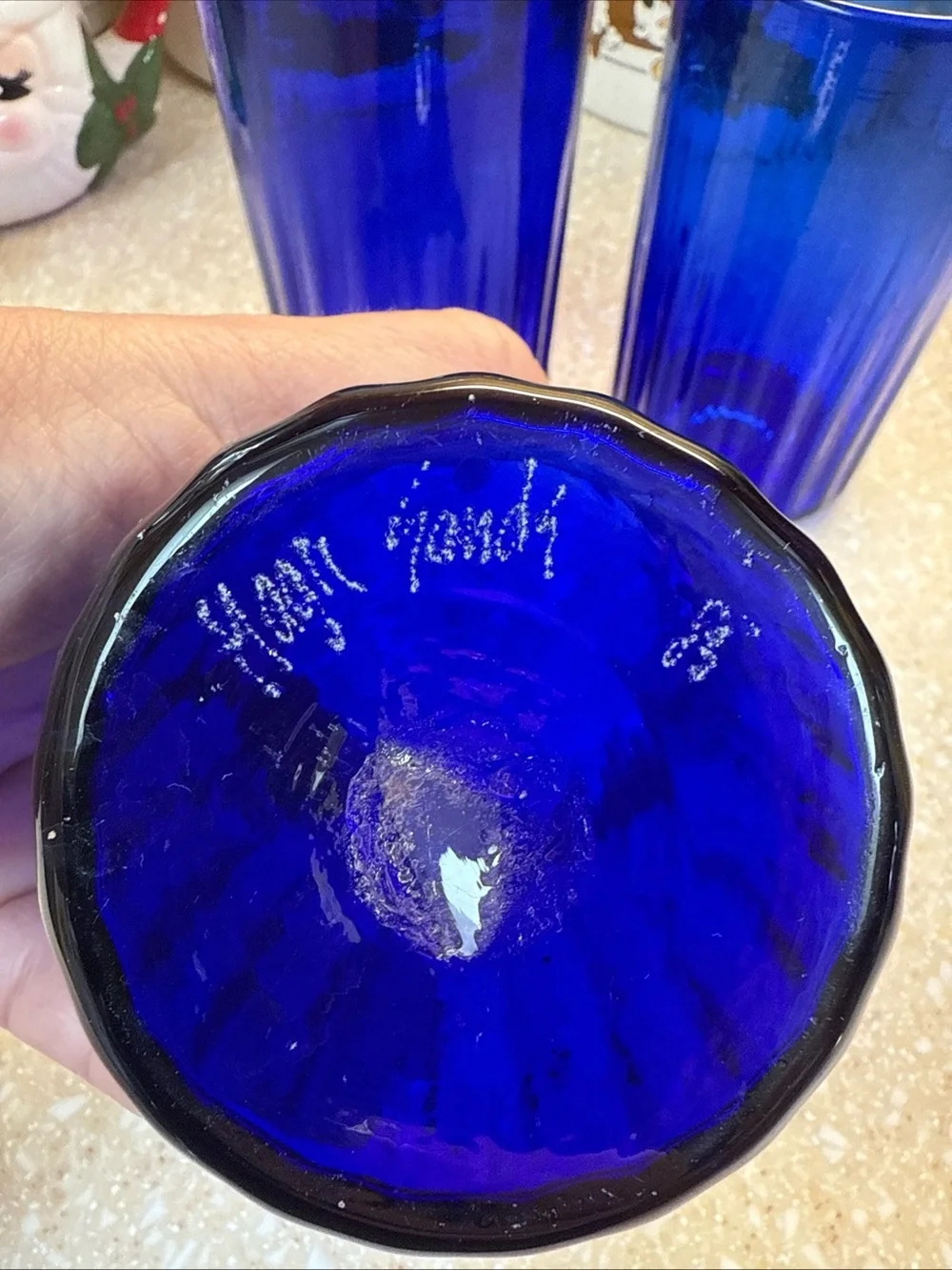 Vintage Cobalt Blue Glass Tumblers Set of 3 Juice cups 5’ Signed Magic Sands 83?